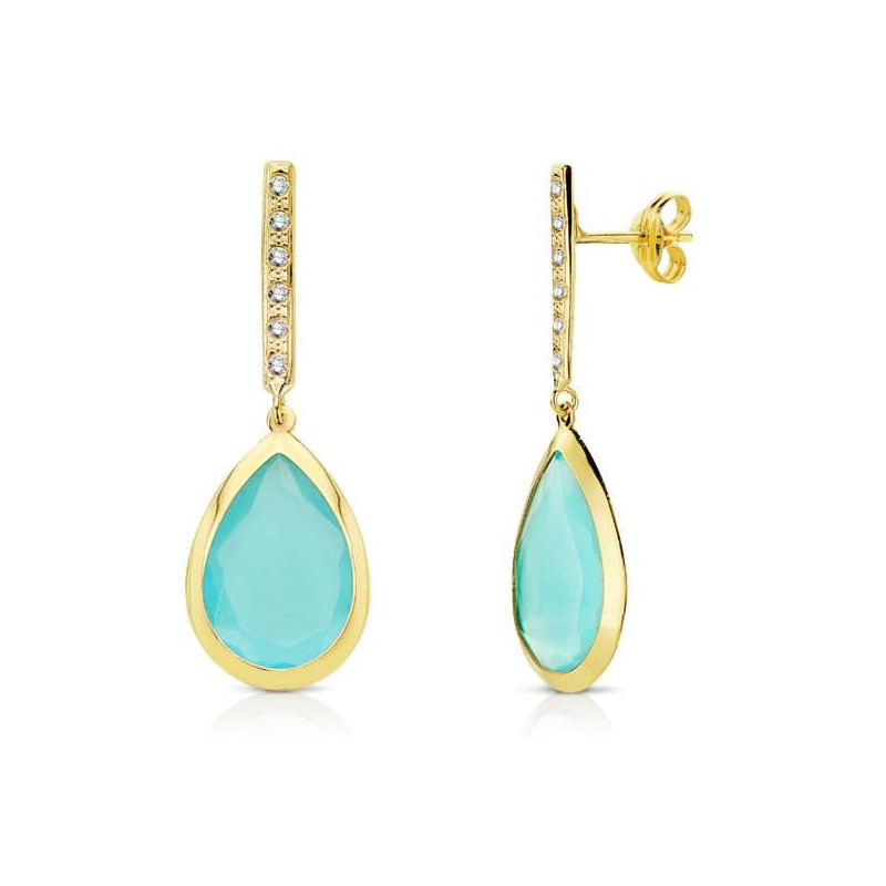 18K PENDIENTES PIEDRA AZUL ORO AMARILLO 33X12 MM CIERRE PRESION