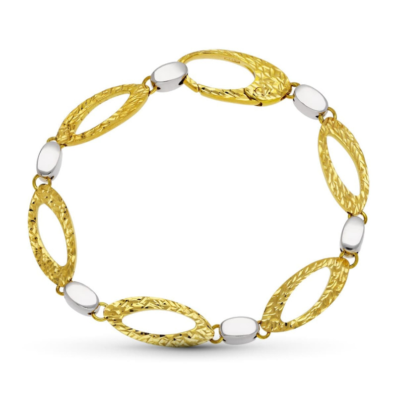 18K PULSERA ORO BICOLOR ESLABONES HUECOS LONGITUD TOTAL 19CM