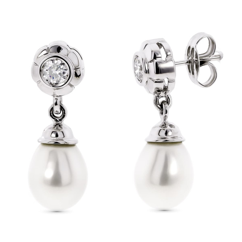 18K PENDIENTES ORO BLANCO PERLA CON CIRCONITA CIERRE PRESION