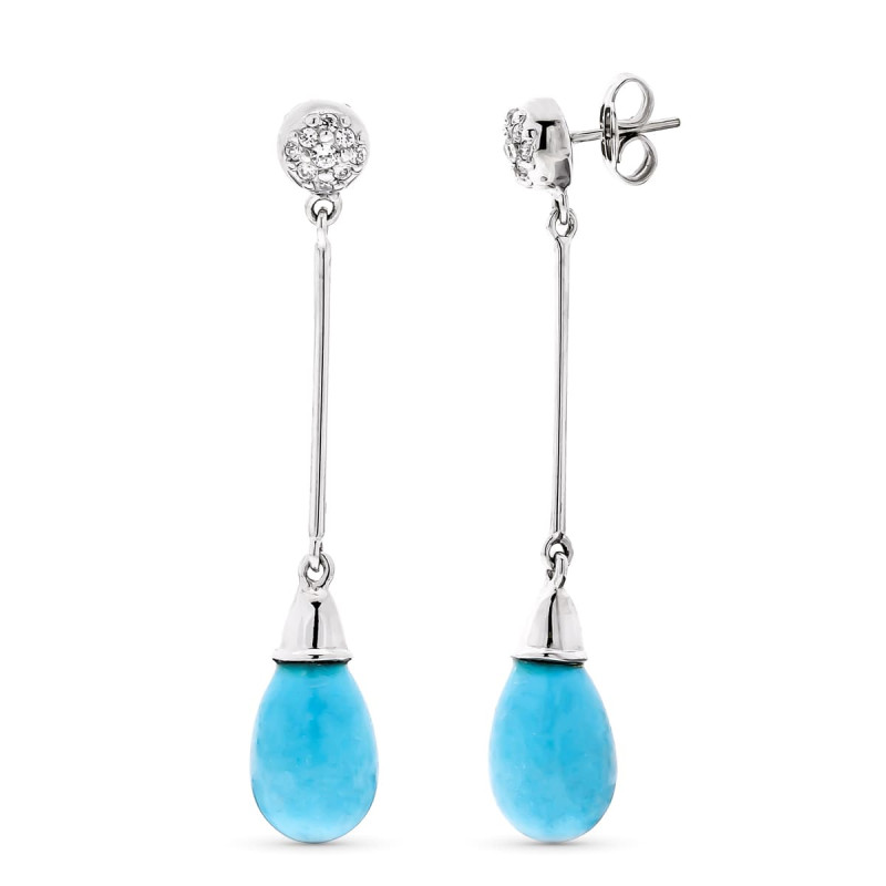 18K PENDIENTES ORO BLANCO LARGOS TURQUESA Y CIRCONITA PRESIÓN