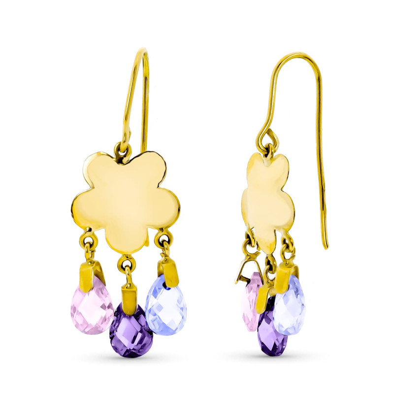 18K PENDIENTES ORO AMARILLO LARGO FLOR 3 PIEDRAS COLOR RS-AT-MA CIERRE GANCHO