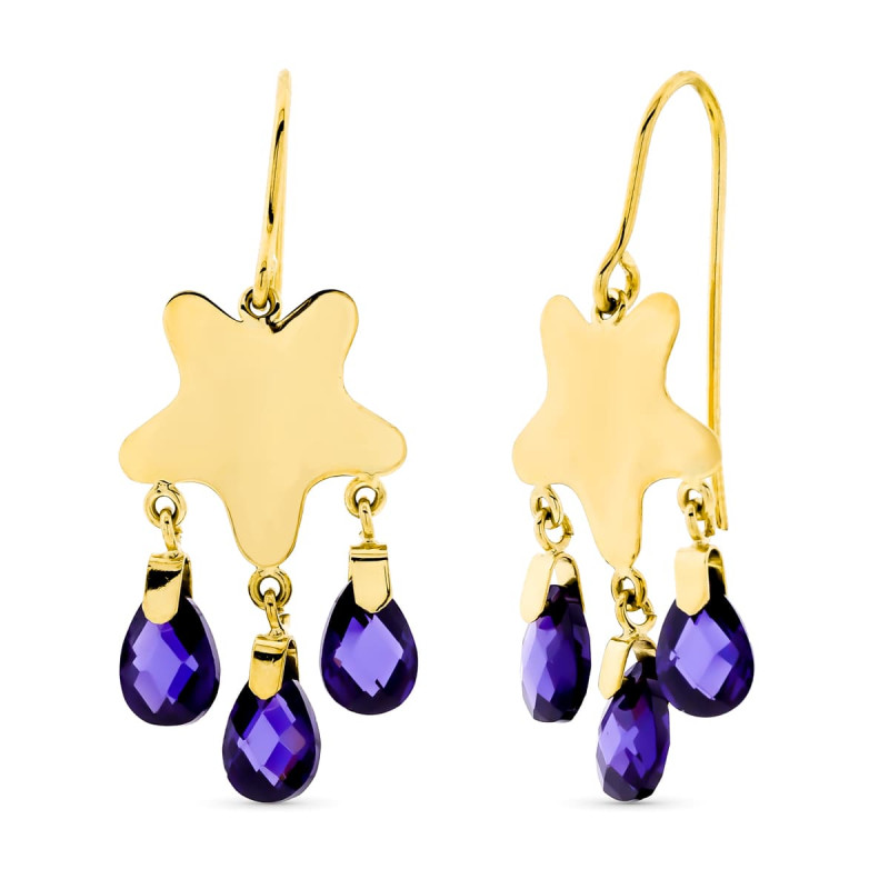 18K PENDIENTES ORO AMARILLO LARGOS ESTRELLA AMATISTA CIERRE GANCHO