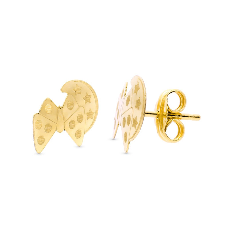 18K PENDIENTES ORO AMARILLO MARIPOSA Y LUNA 9X8 MM CIERRE PRESION