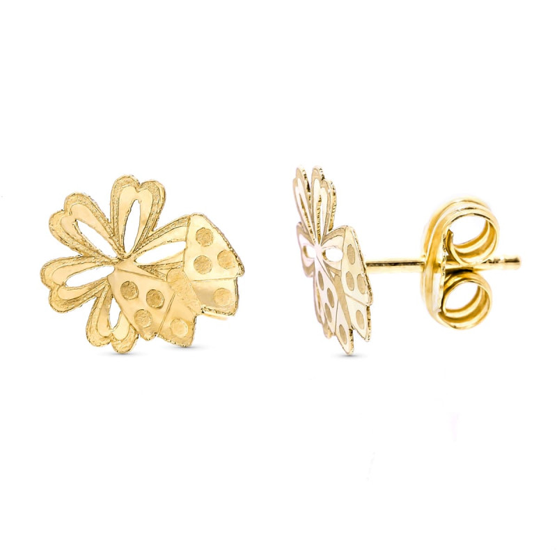 18K PENDIENTES ORO AMARILLO MARIPOSA Y FLOR 8X7 MM CIERRE PRESION