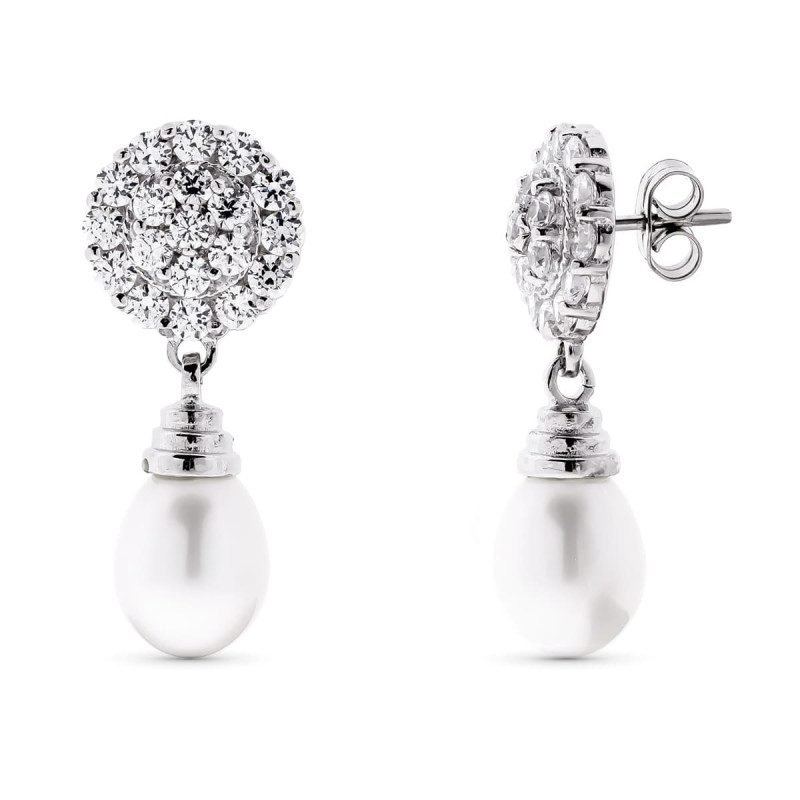 18K PENDIENTES ORO BLANCO PERLA Y CIRCONITA CIERRE PRESION