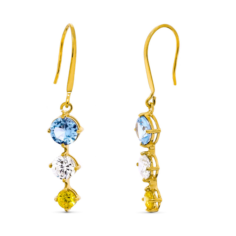 18K PENDIENTES ORO AMARILLO CON PIEDRAS COLOR 24X8 MM CIERRE GANCHO
