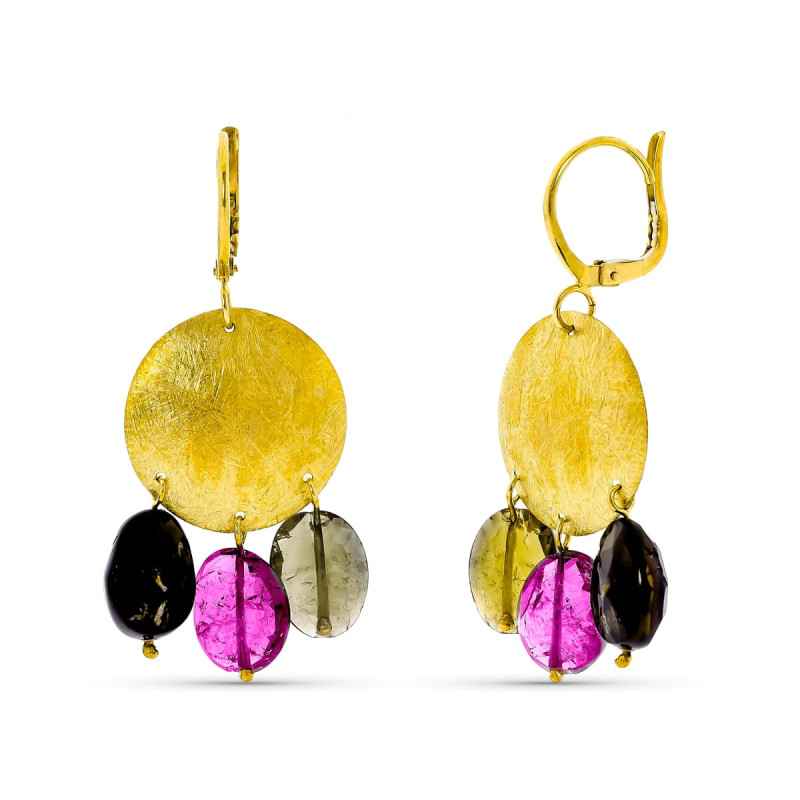18K PENDIENTES ORO AMARILLO MOTIVO REDONDO Y PIEDRAS COLORES. 44X18 MM CIERRE GANCHO