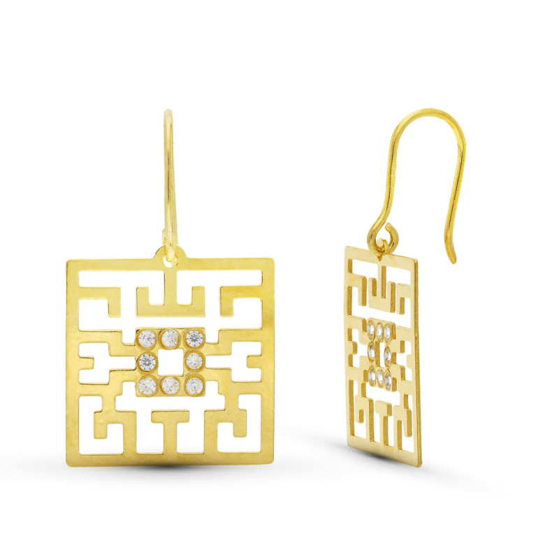 18K PENDIENTES ORO AMARILLO LASER Y CIRCONITA CIERRE GANCHO