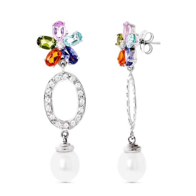 18K PENDIENTES ORO BLANCO CIRCONITA Y PERLA Y FLOR DE PIEDRA COLOR CIERRE PRESION