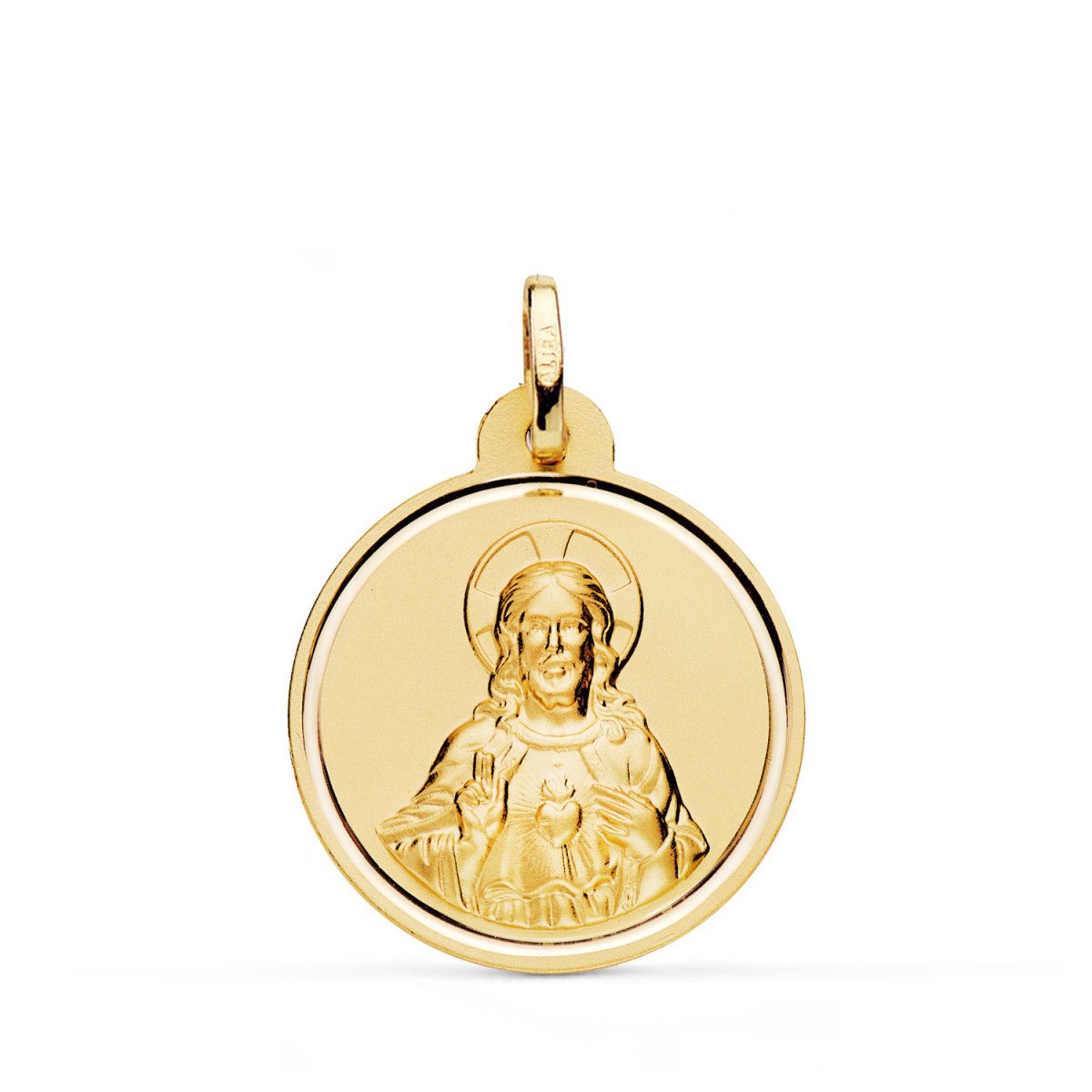 18K MEDALLA ORO AMARILLO CRISTO SAGRADO CORAZON DE JESUS BISEL 22 MM