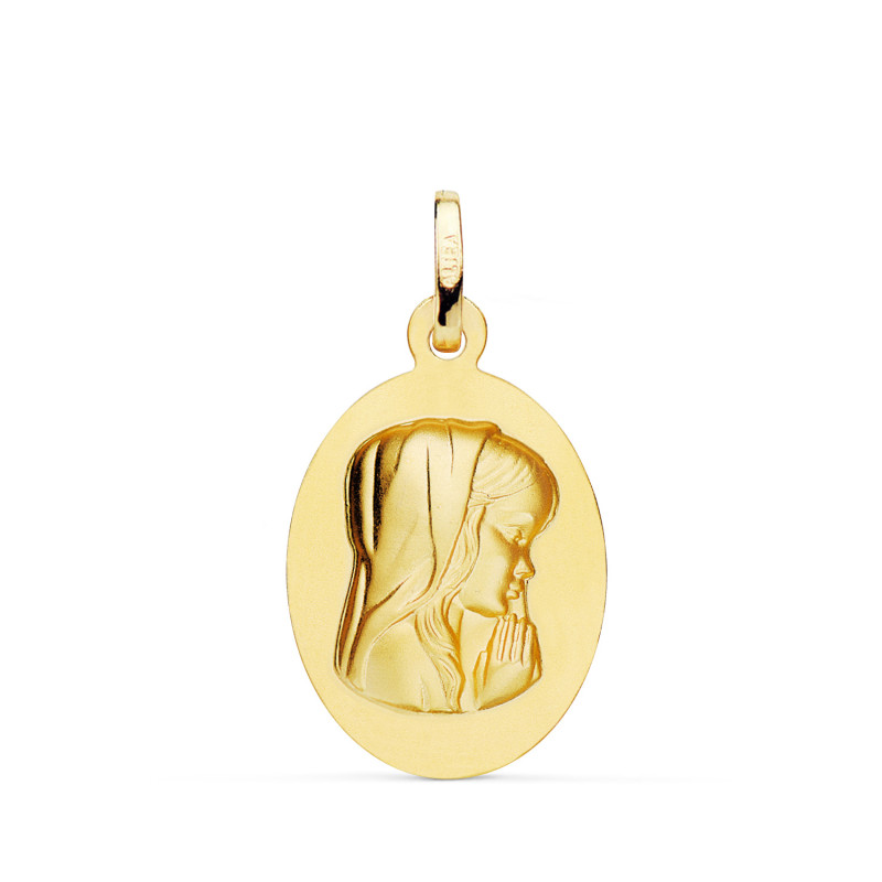 18K MEDALLA ORO AMARILLO VIRGEN NIÑA OVAL LISA MATIZADA. MEDIDA: 23 X 15 MM