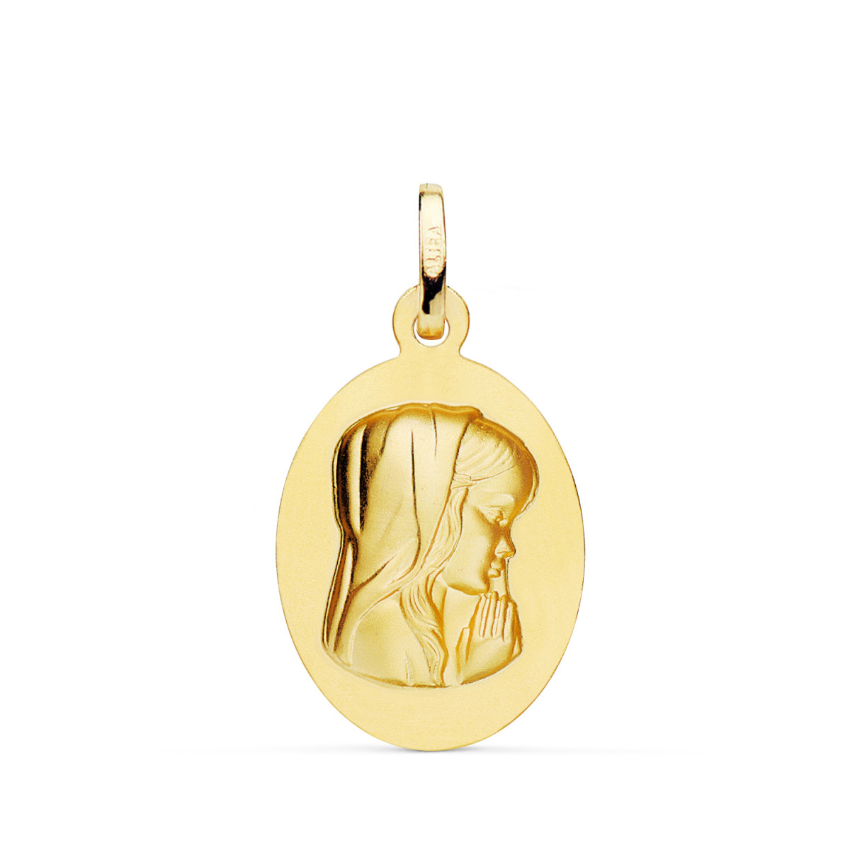 18K MEDALLA ORO AMARILLO VIRGEN NIÑA OVAL LISA MATIZADA. MEDIDA: 23 X 15 MM
