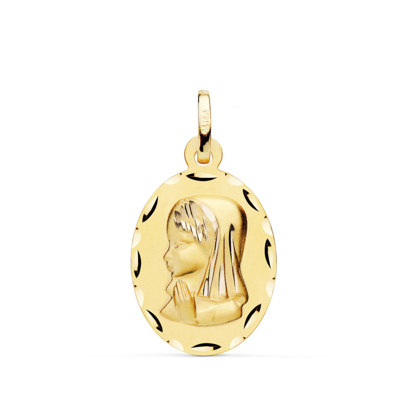 18K MEDALLA ORO AMARILLO VIRGEN NIÑA OVAL TALLADA MATIZADA. MEDIDA: 23 X 15 MM