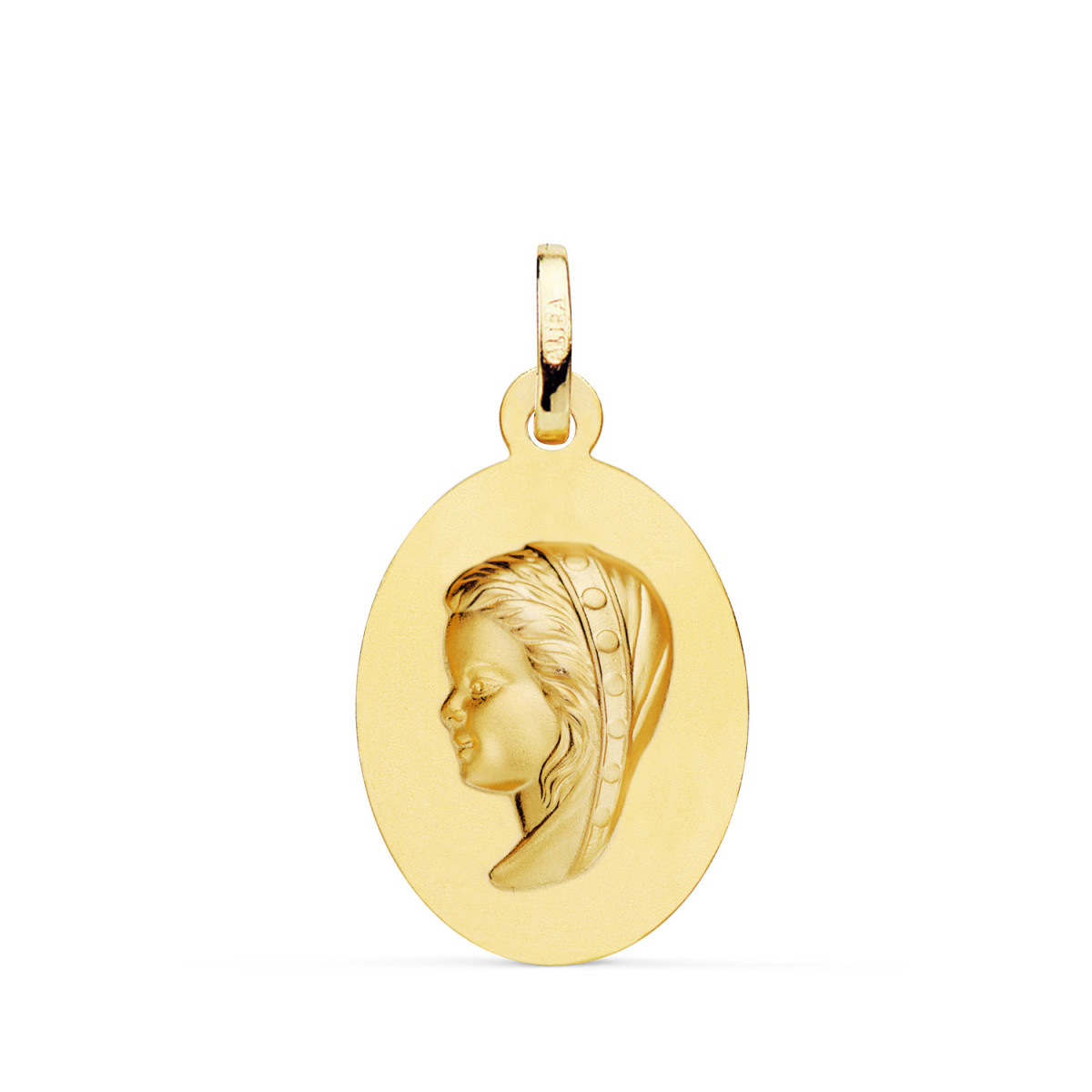 18K MEDALLA ORO AMARILLO VIRGEN NIÑA OVAL LISA MATIZADA. MEDIDA: 23 X 15 MM