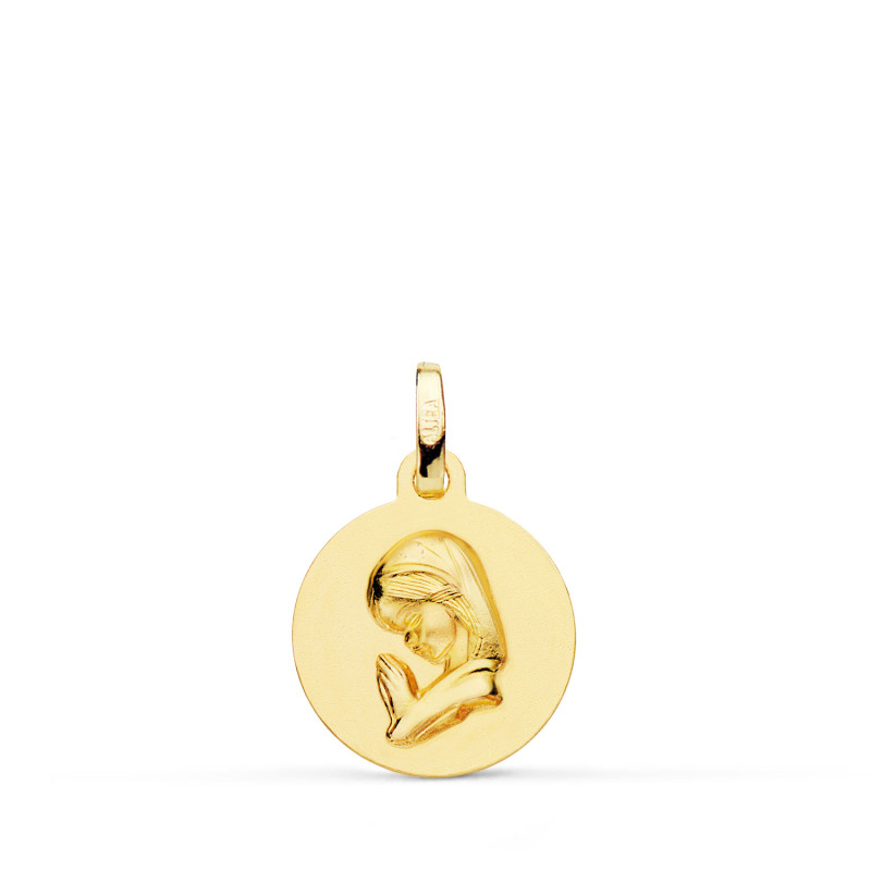 18K MEDALLA ORO AMARILLO VIRGEN NIÑA REDONDA LISA MATIZADA. MEDIDA: 14 MM