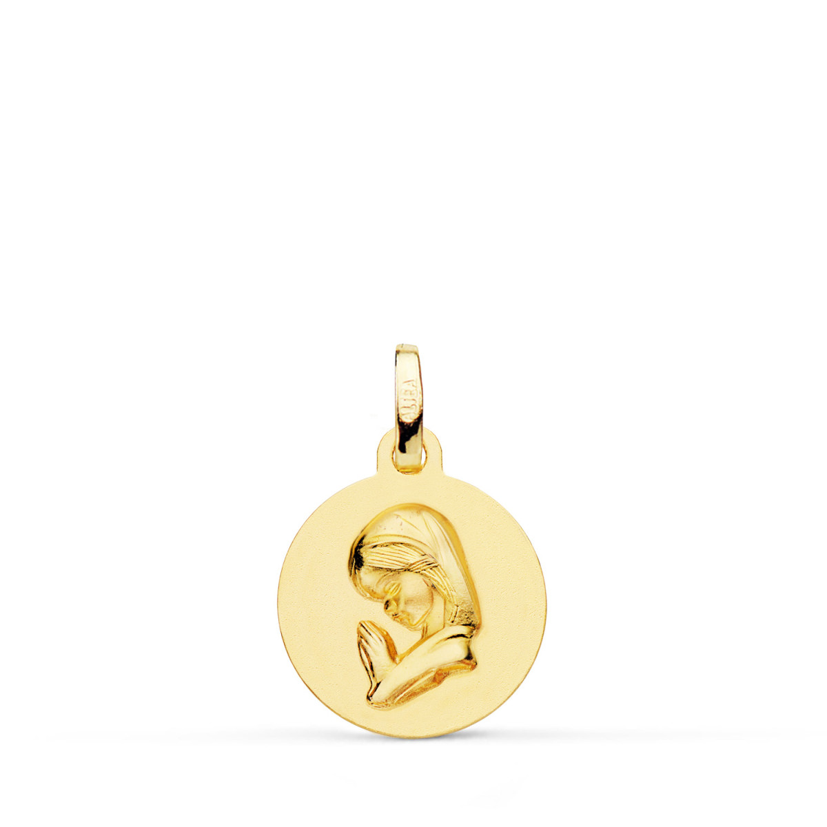 18K MEDALLA ORO AMARILLO VIRGEN NIÑA REDONDA LISA MATIZADA. MEDIDA: 14 MM