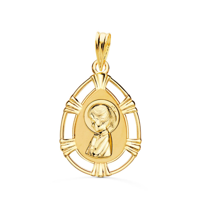 18K MEDALLA ORO AMARILLO VIRGEN NIÑA CERCO CALADO BRILLO FORMA GOTA 23X15 MM