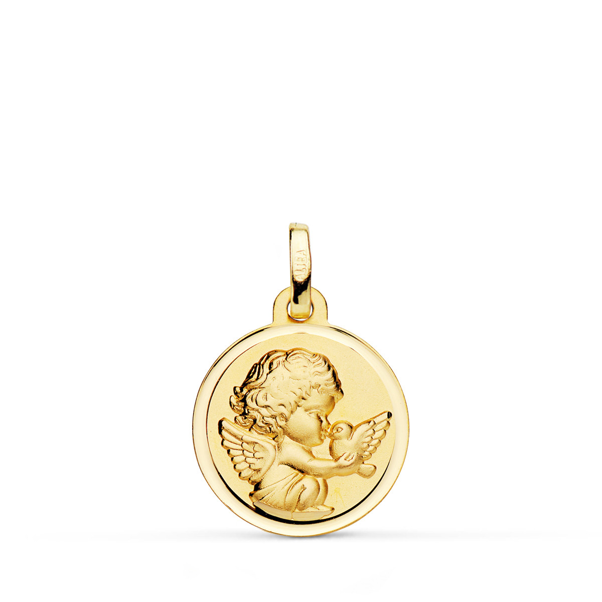 18K MEDALLA ORO AMARILLO ANGEL NIÑO BURLON CON PALOMA BISEL 16 MM
