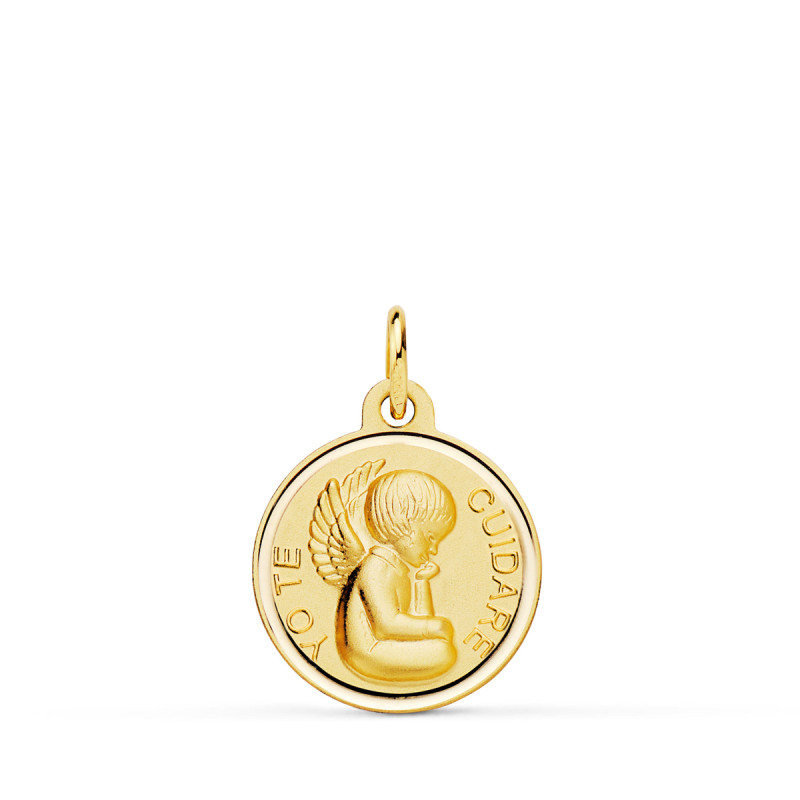 18K MEDALLA ORO AMARILLO ANGELITO "YO TE CUIDARE" BISEL. MEDIDA: 16 MM