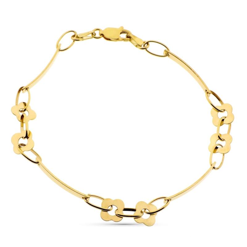 18K PULSERA ORO AMARILLO ESLABONES Y FLORES 19.5 CM