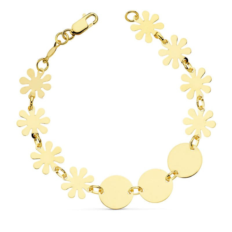18K PULSERA ORO AMARILLO  FLORES Y PLACA CHAPA 18.5 CM