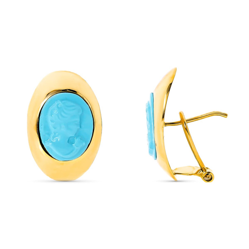 18K PENDIENTES CAMAFEO TURQUESA ORO AMARILLO 20X13 MM CIERRE OMEGA