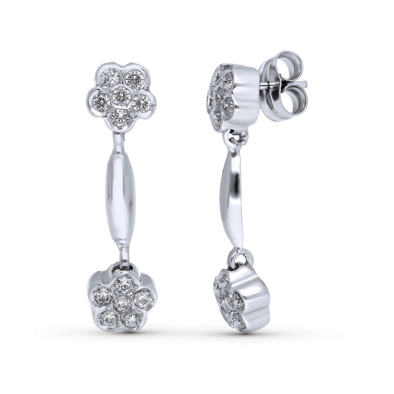 18K PENDIENTES ORO BLANCO LARGOS FLORES 26X7 MM PRESIÓN