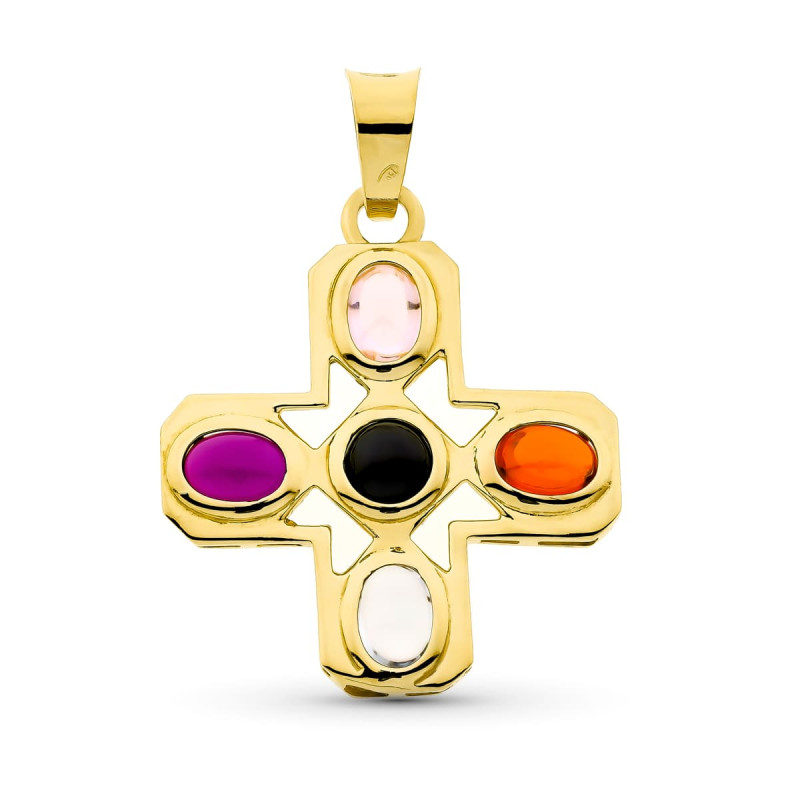 18K COLGANTE CRUZ ORO AMARILLO PIEDRAS 34X30 MM