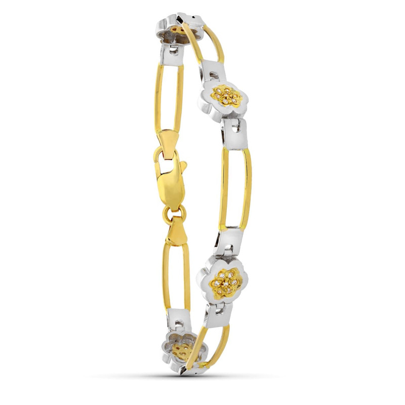 18K PULSERA ORO BICOLOR CIRCONITA FLOR Y CIRCONITAS