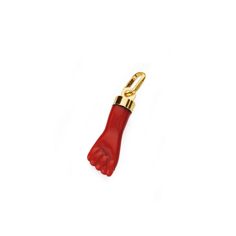 18K COLGANTE AMULETO ORO AMARILLO HIGA PUÑO MANO MEDIANA ROJA 19X6 MM