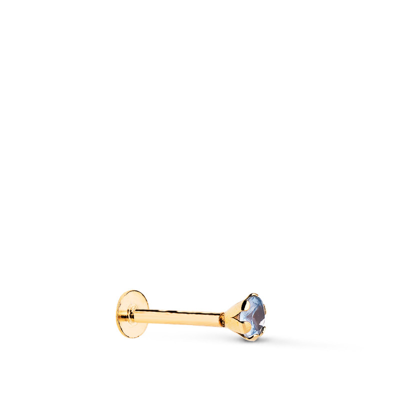 18K PIERCING DE OREJA ORO AMARILLO CIRCONITA AGUAMARINA CON GARRAS 3,5 MM. GRUESO BARRA 1MM. CIERRE TUERCA