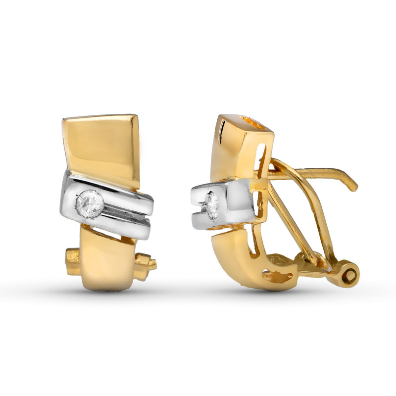 18K PENDIENTES ORO AMARILLO DIAMANTES NATURALES  TALLA BRILLANTE 0.08 QTS. 14X7 MM CIERRE OMEGA