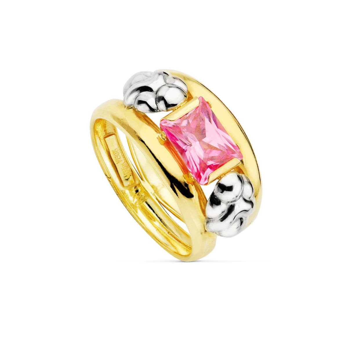 18K SORTIJA ORO BICOLOR DOBLE CUERPO MOTIVO Y CIRCONITA ROSA 8X6MM. ANCHO: 14 MM