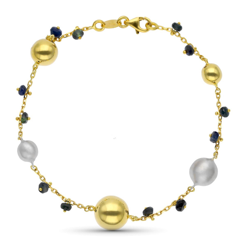 18K PULSERA ORO BICOLOR MATE Y BRILLO BOLAS Y PIEDRAS