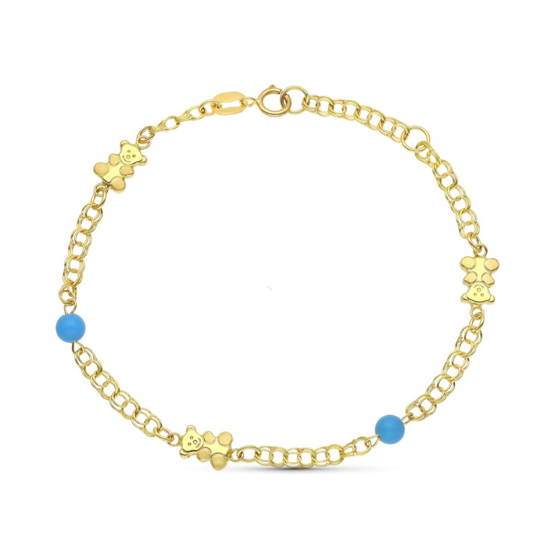 18K PULSERA ORO AMARILLO OSOS Y TURQUESAS 18CM