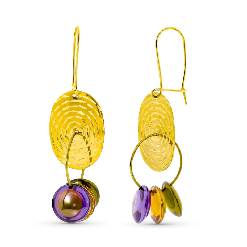 18K PENDIENTES ORO AMARILLO LARGOS PIEDRAS COLORES Y PLACA CHAPA TALLADA CIERRE GANCHO