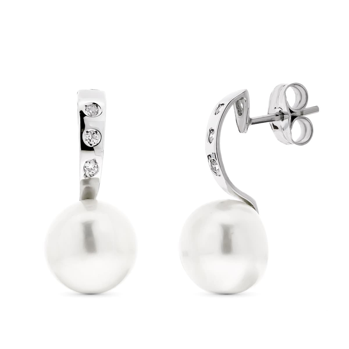 18K PENDIENTES ORO BLANCO PERLA BOTON Y CIRCONITA CIERRE PRESION