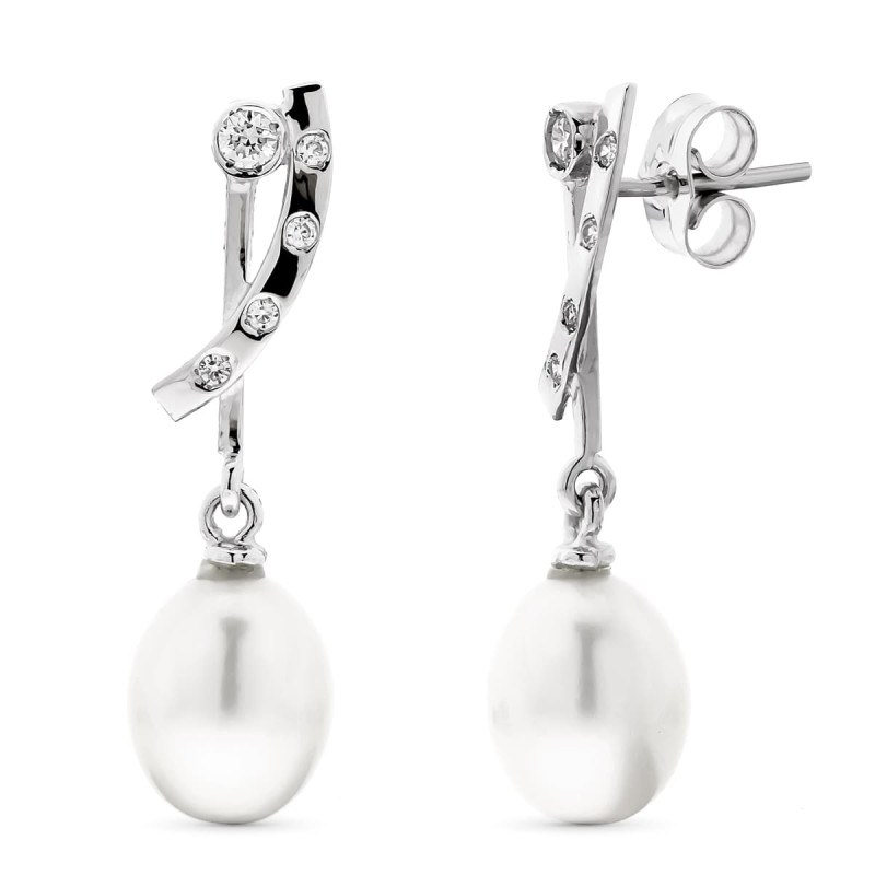 18K PENDIENTES ORO BLANCO LARGOS PERLA PERA Y CIRCONITA CIERRE PRESION