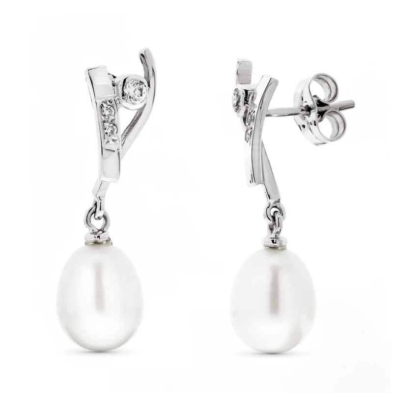 18K PENDIENTES ORO BLANCO LARGOS PERLA PERA Y CIRCONITA CIERRE PRESION