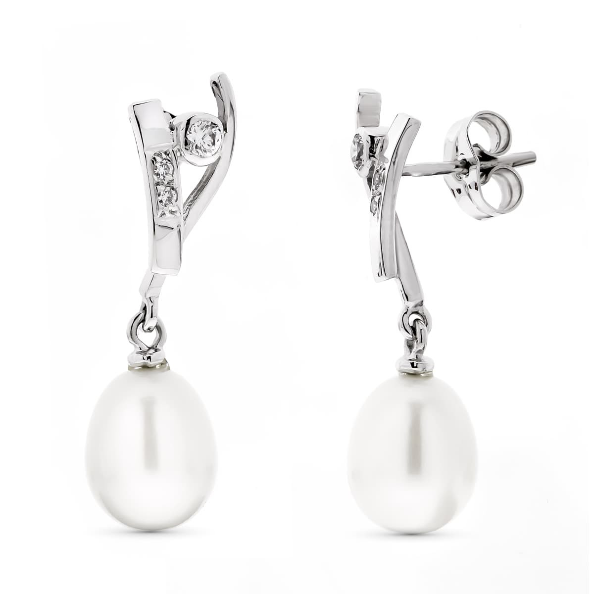 18K PENDIENTES ORO BLANCO LARGOS PERLA PERA Y CIRCONITA CIERRE PRESION