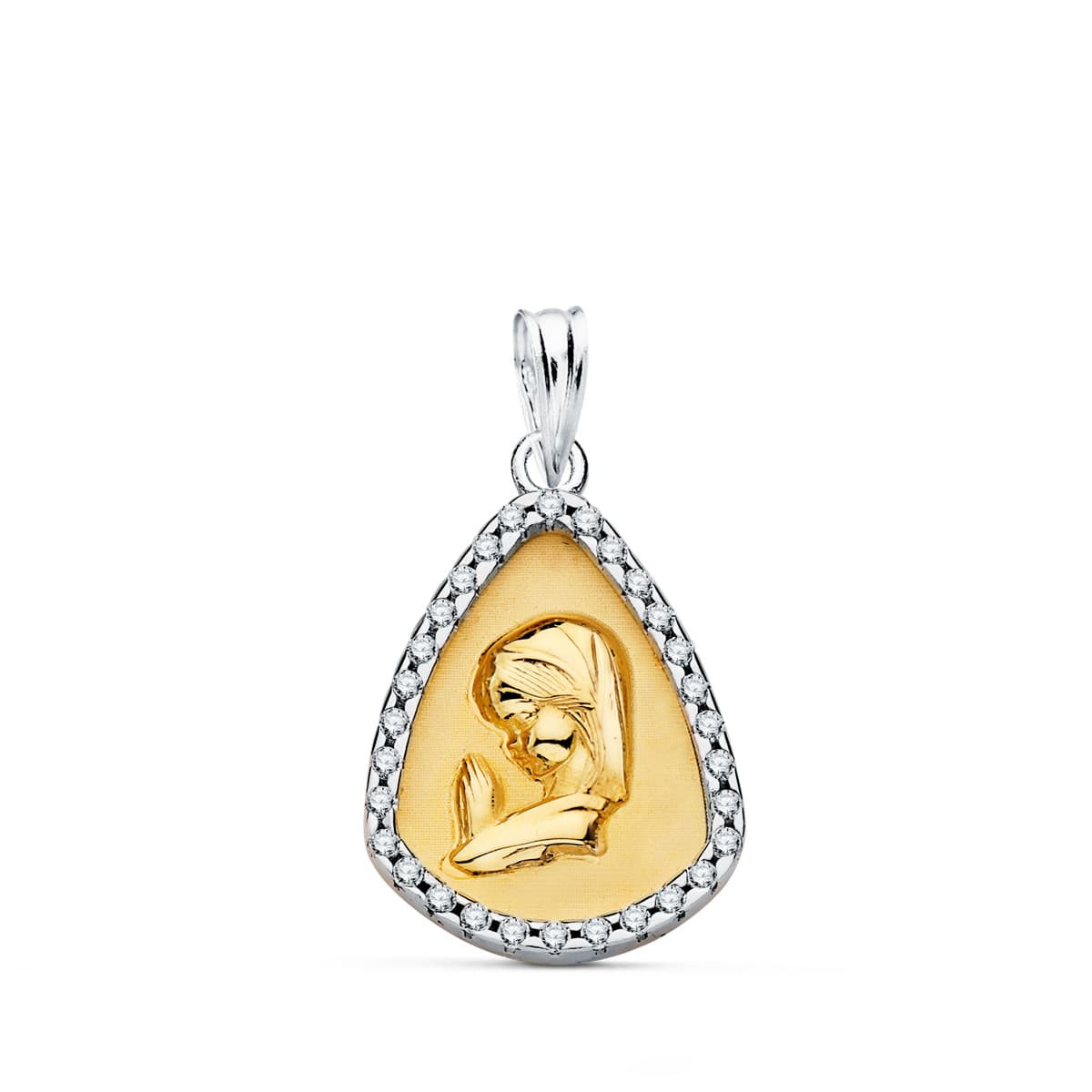 18K COLGANTE ORO BICOLOR VIRGEN NIÑA CON CERCO Y CIRCONITA 18X14 MM