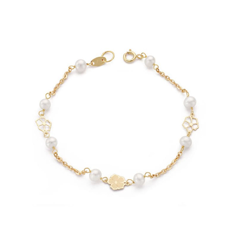 18K PULSERA ORO AMARILLO COMUNION PERLA CULTIVADA  4-4.5 MM 17CM