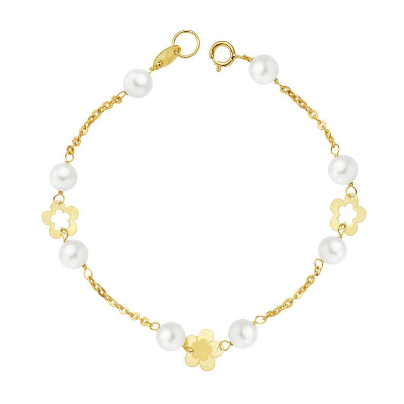 18K PULSERA ORO AMARILLO PERLA Y FLORES 17CM