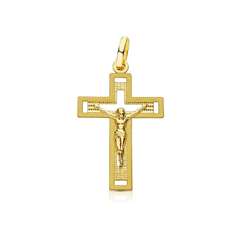18K CRUZ ORO AMARILLO CON CRISTO TALLADA 28X17 MM