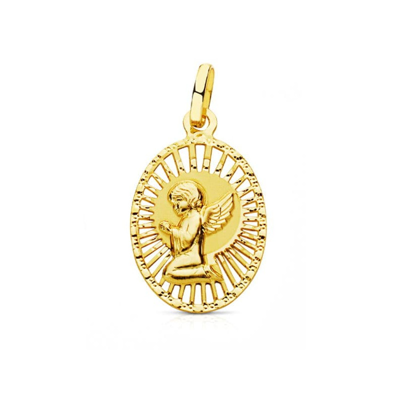 18K MEDALLA ORO AMARILLO ANGEL CERCO CALADO 22X14 MM