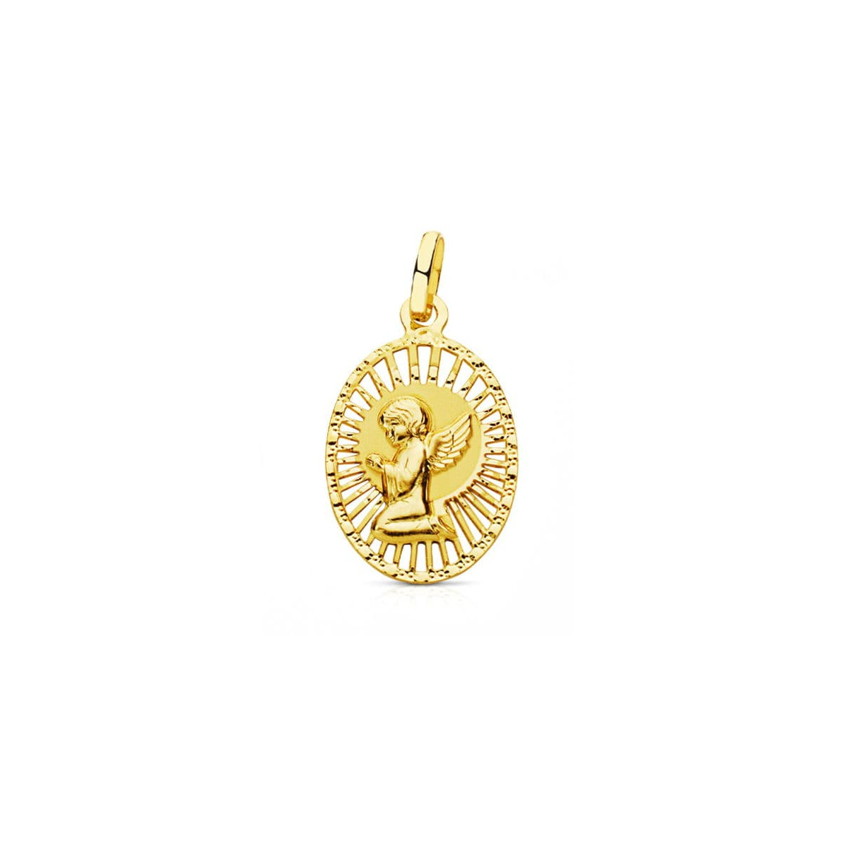 18K MEDALLA ORO AMARILLO ANGEL CERCO CALADO 22X14 MM