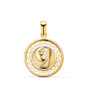 18K MEDALLA ORO BICOLOR VIRGEN NIÑA REDONDA CERCO CALADO. MEDIDA: 17 MM