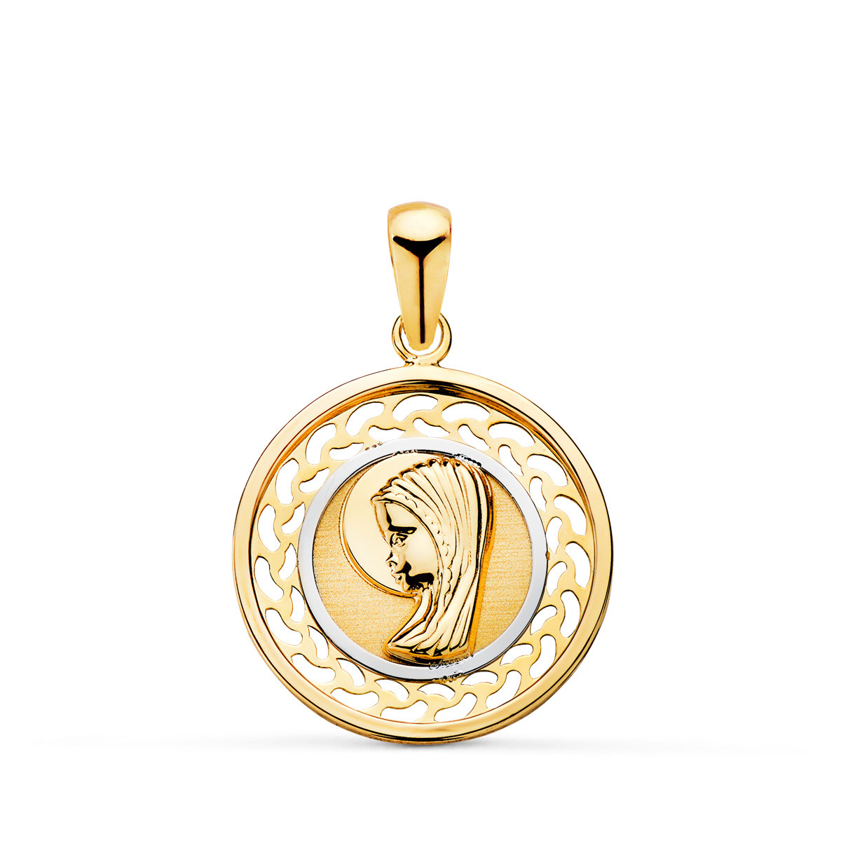 18K MEDALLA ORO BICOLOR VIRGEN NIÑA REDONDA CERCO CALADO. MEDIDA: 17 MM