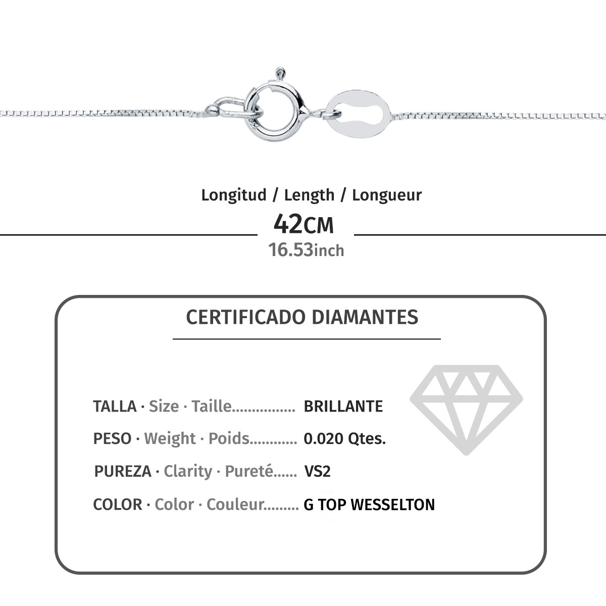 18K GARGANTILLA ORO BLANCO CHATON 5MM DIAMANTE LABORATORIO 0,02 QTS. H-I CADENA 42CM