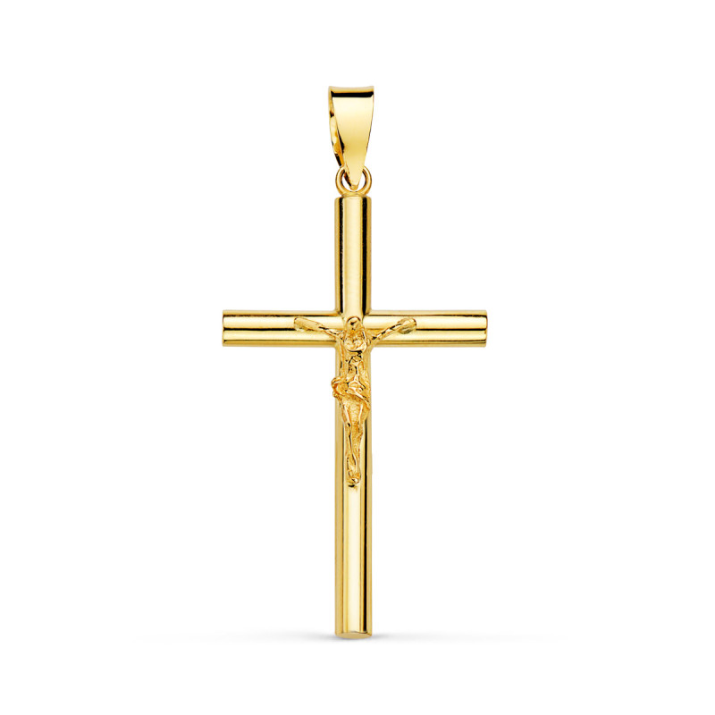 18K CRUZ ORO AMARILLO CON CRISTO HUECA TUBO 2.2 MM. 29X17 MM